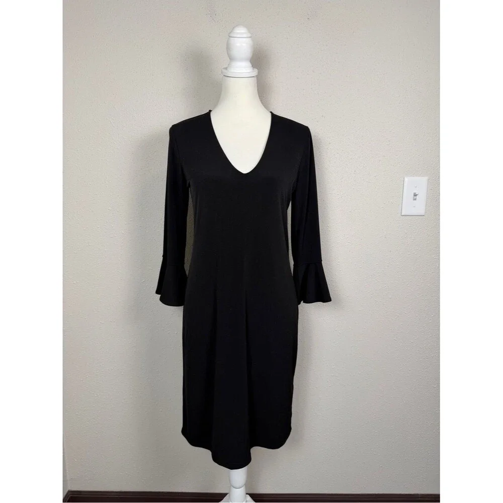 Banana Republic Black V Neck Dress Bell Sleeve Shift Dress Classic Minimalist